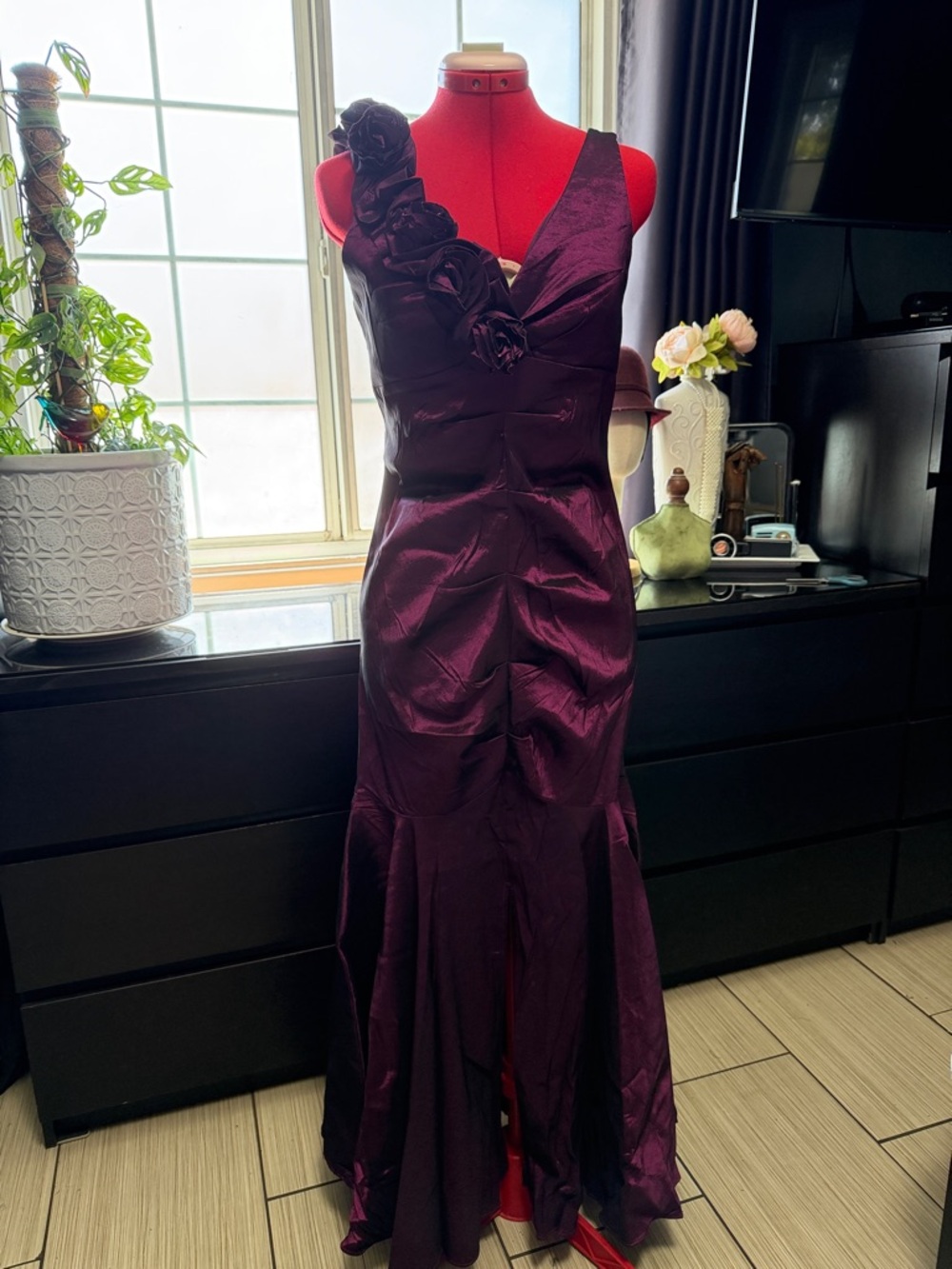 R & M Richards Plum Satin One-Shoulder Prom Gown with Floral Appliqué